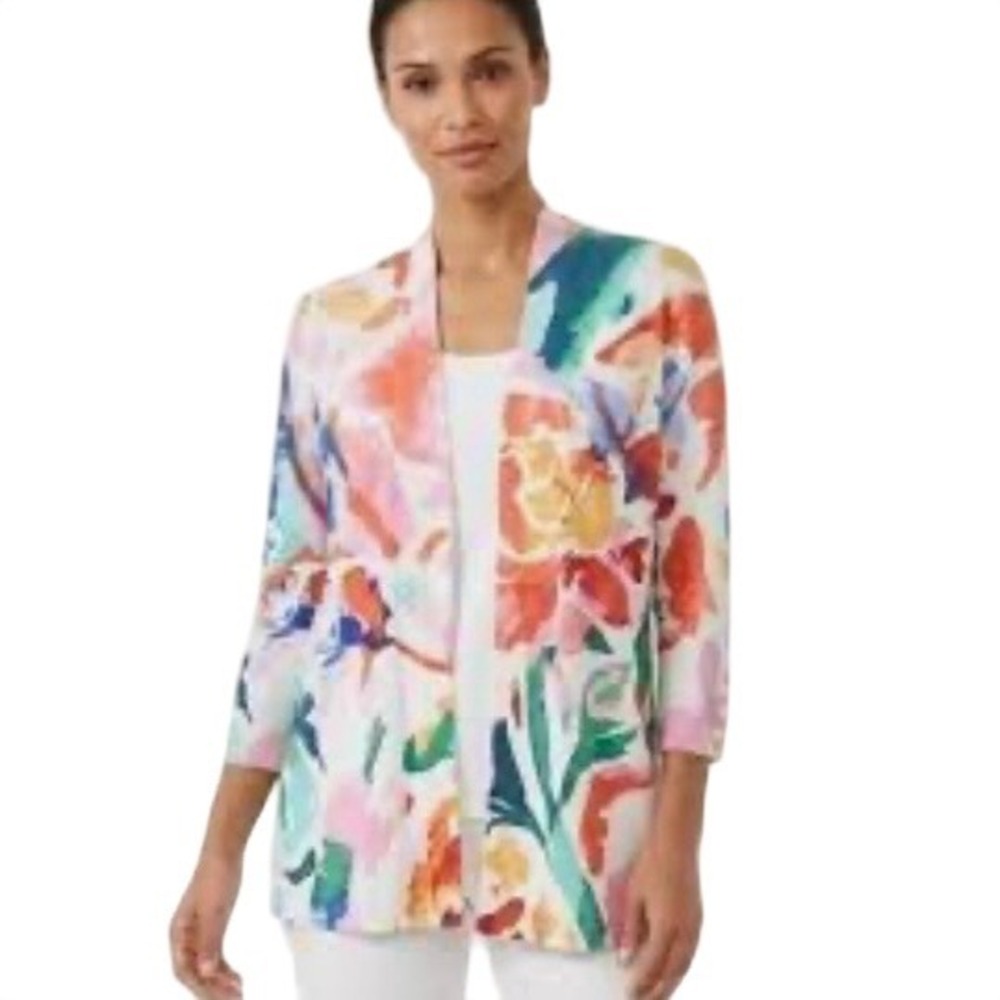 Chico's Vibrant Watercolor Floral Open Front Cardigan Cotton Blend Sz L Artsy